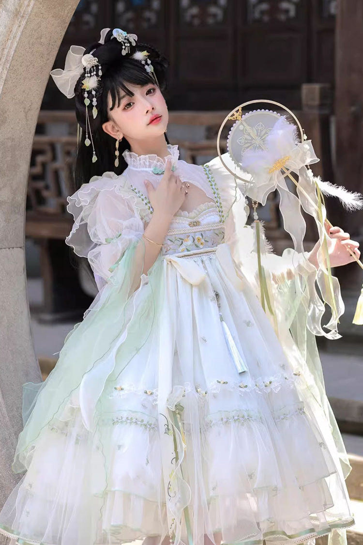 Ivory [Luo Ling Fu] Ruffle Embroidery Bowknot Lace Sweet Chinese Style Lolita Jsk Dress - Product - 9