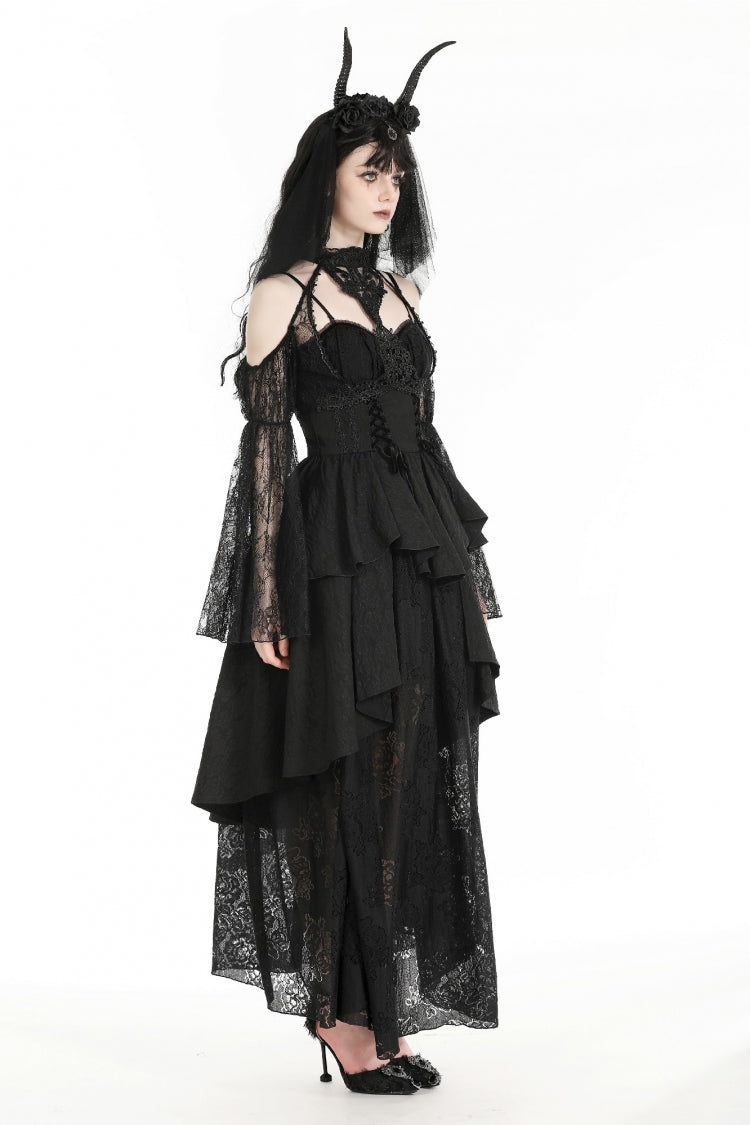 Black Off Shoulder Long Puff Sleeves Cut-Out Lace Women's Gothic Cape - Product - 2