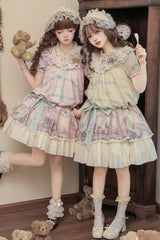 Pink [Brown Dollhouse] Short Sleeves Bear Printed Ruffled Bow Sweet Lolita Dress Set - Product - 13