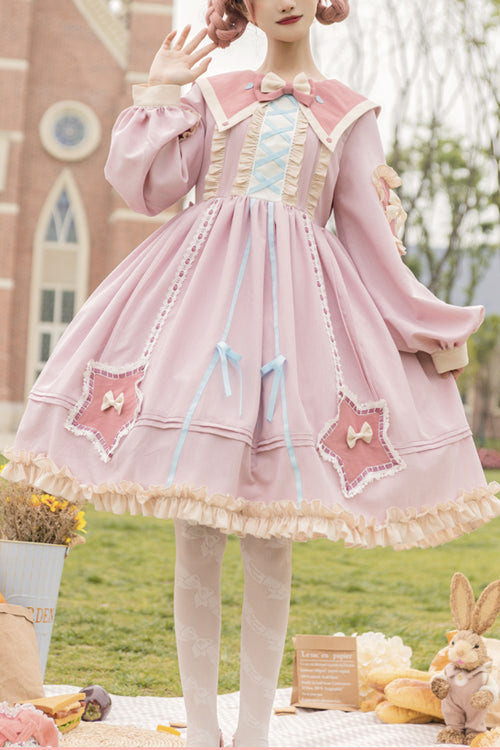 Round Collar Chiffon Ruffled Lantern Sleeves Pentagram Embroidered High Waisted Sweet Lolita OP Dress - Pink - 1