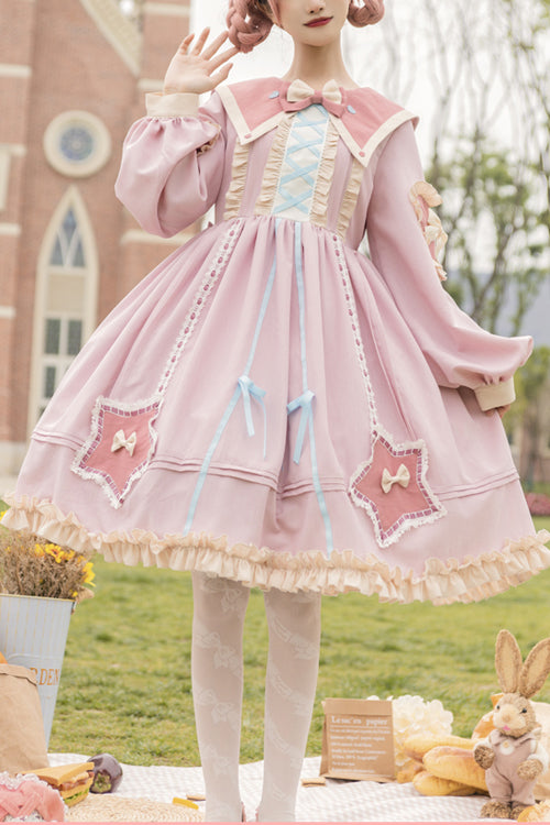 Round Collar Chiffon Ruffled Lantern Sleeves Pentagram Embroidered High Waisted Sweet Lolita OP Dress - Pink - 1