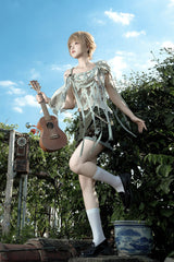 Green [Forest Guide] Square Collar Asymmetric Prince Ouji Lolita Set (Shorts + Shawl + Top) - Product - 4