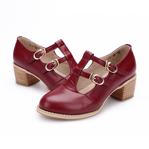 Retro Wine Red Double Buckles Mid Heel Lolita Shoes - Product - 2