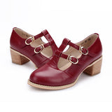 Retro Wine Red Double Buckles Mid Heel Lolita Shoes - Product - 2