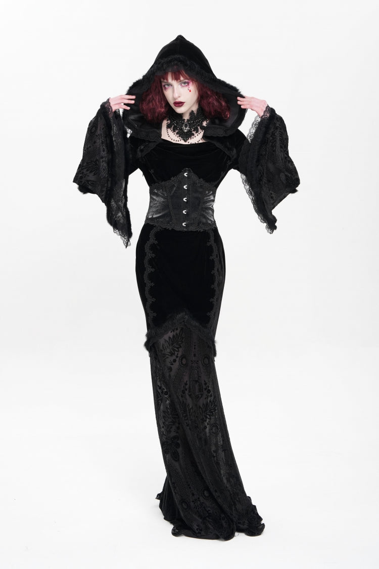 Black Long Trumpet Sleeves Embroidery Stitching Lace Hooded Mesh Women's Gothic Dress - Product - 11