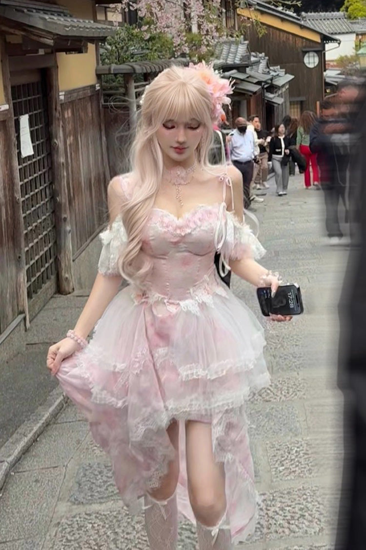 Pink [Sakura Trio] Sleeveless Double-Layered Ruffle Bowknot Lace Sweet Princess Lolita Jsk Dress - Product - 10