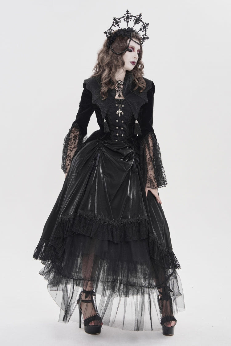 Black Long Trumpet Sleeves Embroidered Lace Slim Zippered Women's Gothic Bat Wing Collar Double-breasted Zip Jacket - Product - 13