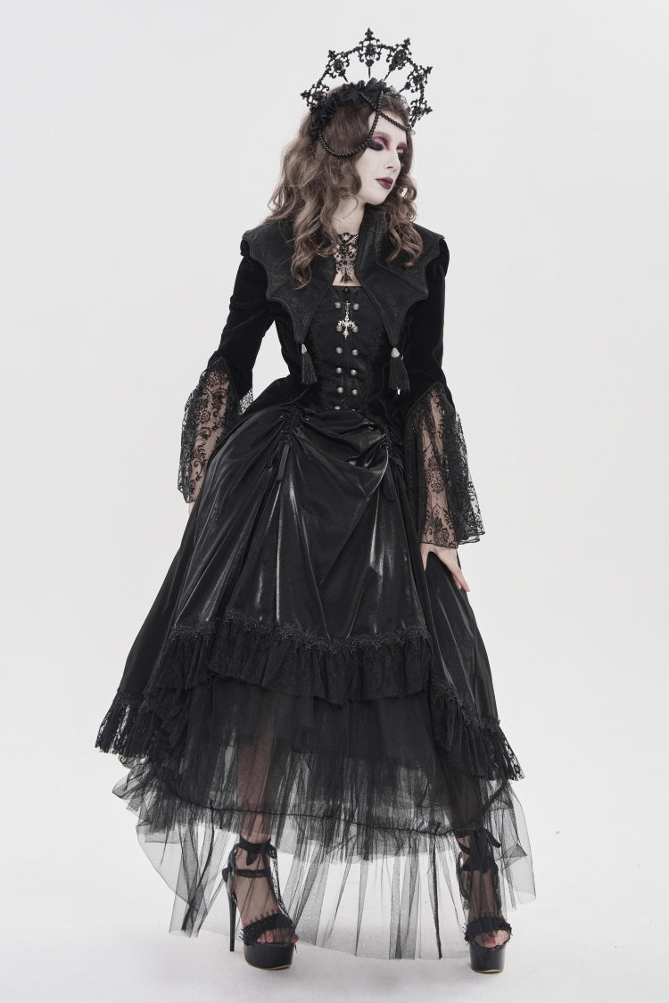 Black Long Trumpet Sleeves Embroidered Lace Slim Zippered Women's Gothic Bat Wing Collar Double-breasted Zip Jacket - Product - 13