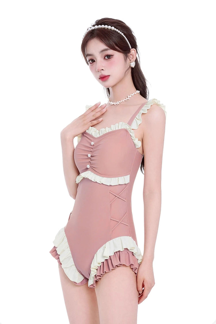 Peach Pink Square Collar Sleeveless Double-Layered Ruffled Lace-Up Pearl-Decorated Sweet Lolita One-Piece Swimsuit - Product - 3