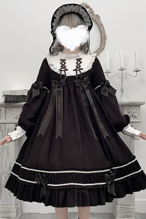 Black Bowknot Ruffled Long Sleeves Lolita OP Gothic Lolita Dress - Product - 4