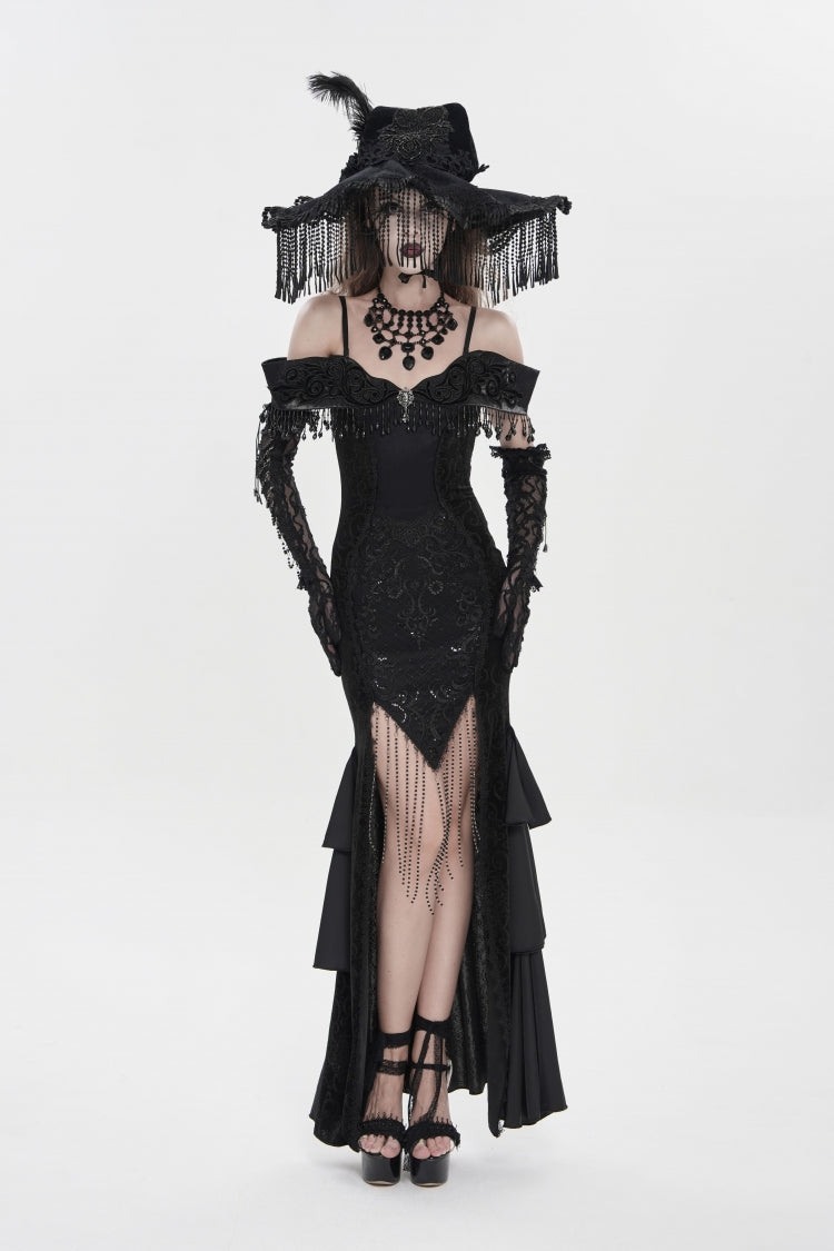 Black Off Shoulder Sleeveless Embroidered Lace Slim Women's Gothic Gorgeous Strapless Dress - Product - 2