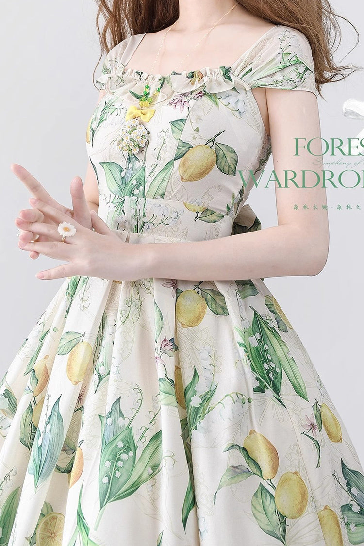 Yellow/Green [Forest Basket] Lemon Print Bowknot Chiffon Sweet Elegant Lolita Jsk Dress - Product - 3
