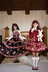 White/Pink [Bell Strawberry Farm] Print Long Sleeves Triple-Layered Ruffle Sweet Lolita Dress - Product - 11