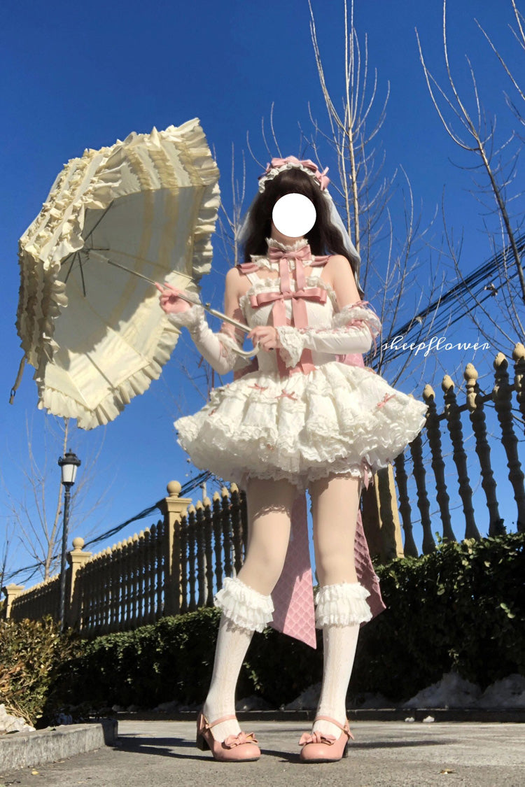 Pink/White Ribbon Embroidery Bowknot Lace-Up Sweet Elegant Princess Lolita Dress - Product - 5