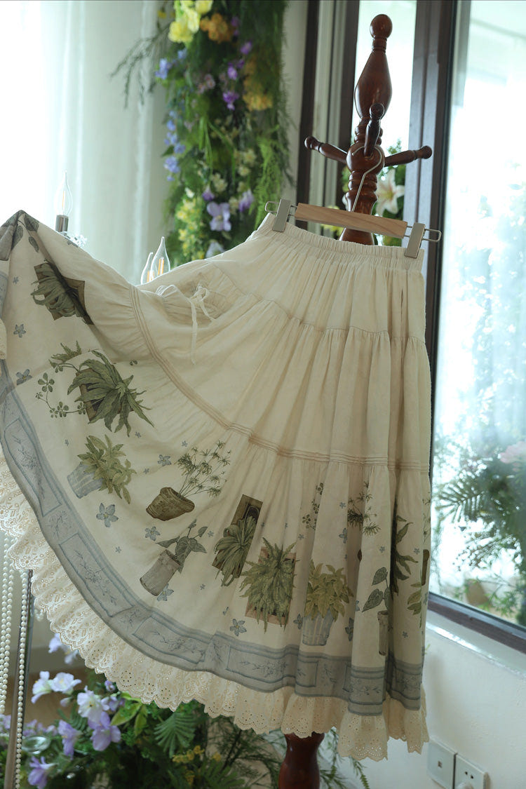 Ivory [Potted Plant] Print Ruffle Sweet Lolita Skirt - Product - 3