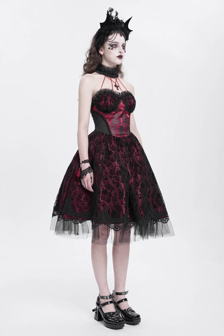 Red Halterneck Skeleton Print Embroidery Stitching Lace Women's Gothic Dress - Product - 7