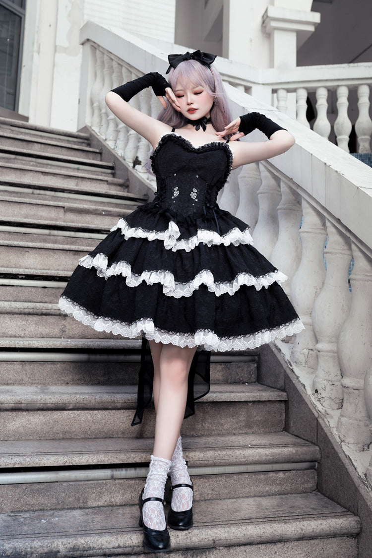 Black Triple-Layered Ruffle Embroidery Bowknot Gothic Lolita Jsk Dress - Product - 2