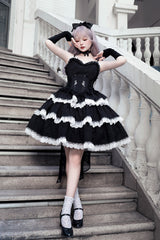 Black Triple-Layered Ruffle Embroidery Bowknot Gothic Lolita Jsk Dress - Product - 2