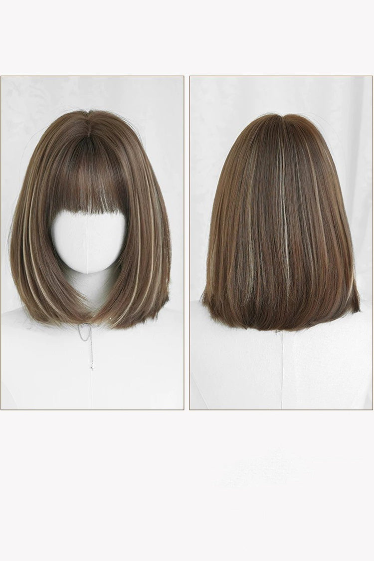 Brown/Beige Highlights Natural Fluffy Age-Reducing Clavicle Bob Sweet Lolita Wig detail view 8