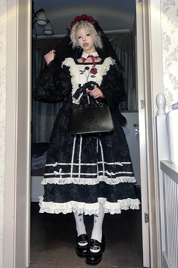 Black [Rose Choir] Double-Layered Ruffle Embroidery Bowknot Lace Gothic Elegant Nun Lolita Dress - Product - 6