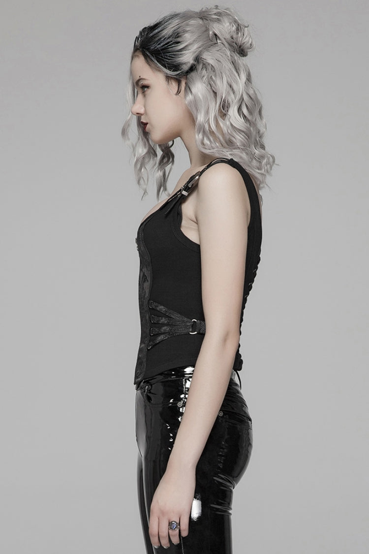 Steampunk Sleeveless Jacquard Print Metal Buckle Strap Metal Zipper Hollow Lace-Up Women's Vest 4 Colors - Product - 2
