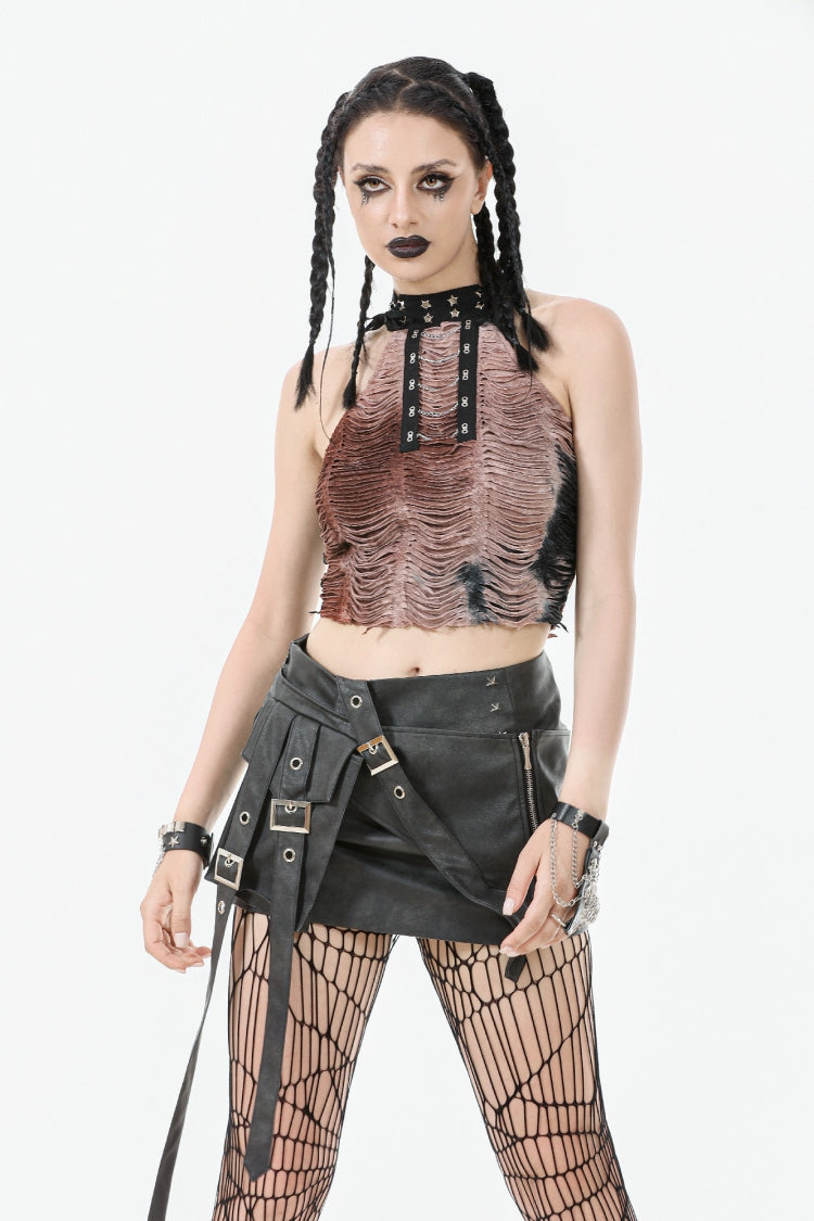 Black Faux Leather Straps Zippered Women's Punk Short Skirt - Product - 8