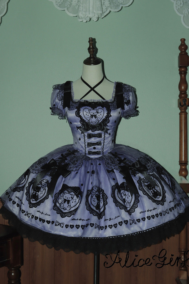 Purple [Sugar Bear] Square Collar Short Sleeves Embroidered Bow Sweet Lolita Dress (Bow Train Included) - Product - 3