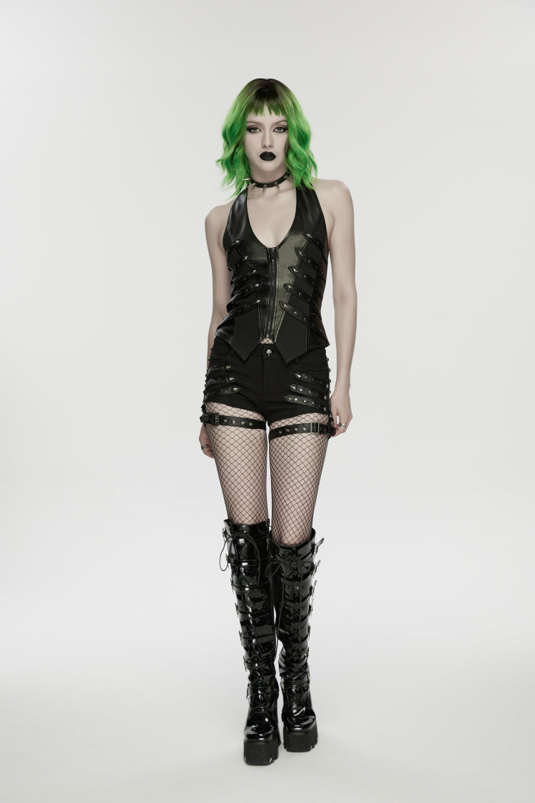 Black Halterneck Slim Studded Zippered Women's Punk Vest - Product - 13