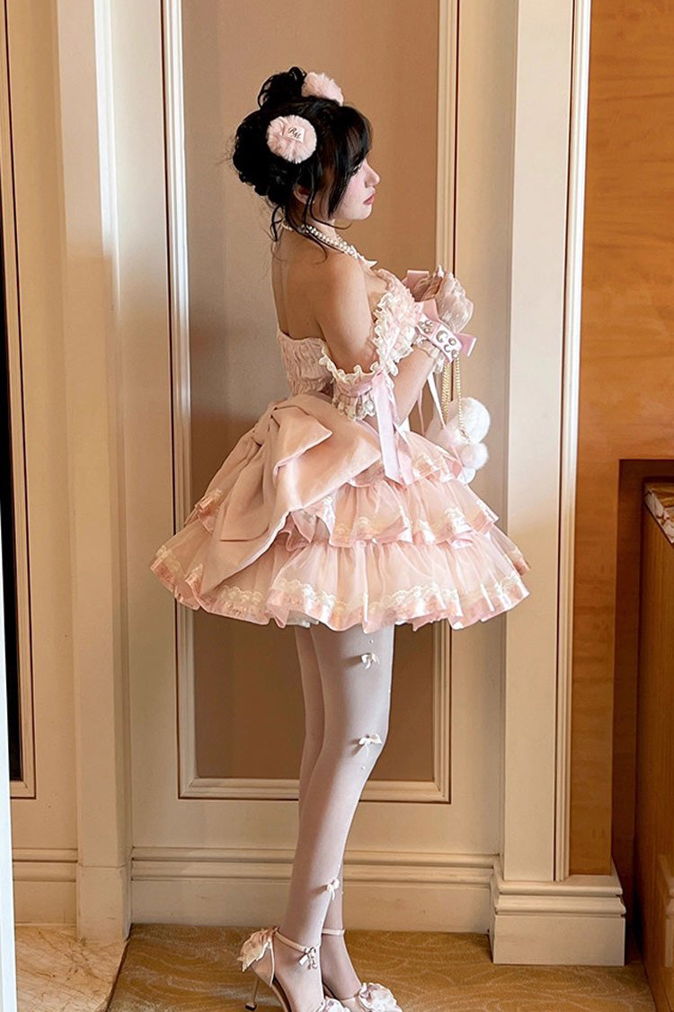 Pink [Princess Ribbon] Off Shoulder Triple-Layered Ruffle Bowknot Sweet Lolita Dress - Product - 5