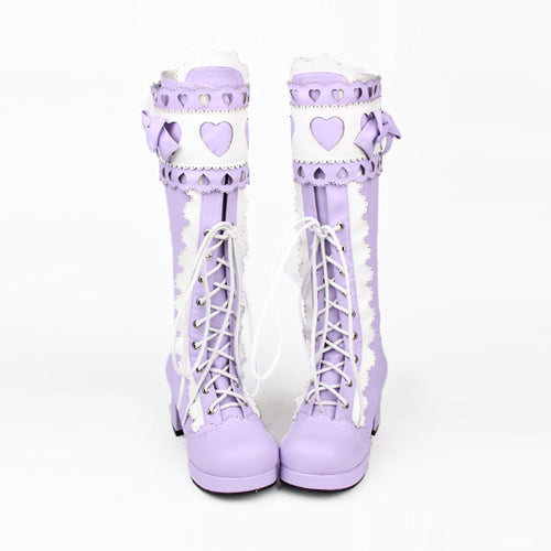 Lace Bowknot Heart Shaped Round Toe Sweet Lolita High Boots - Product - 5