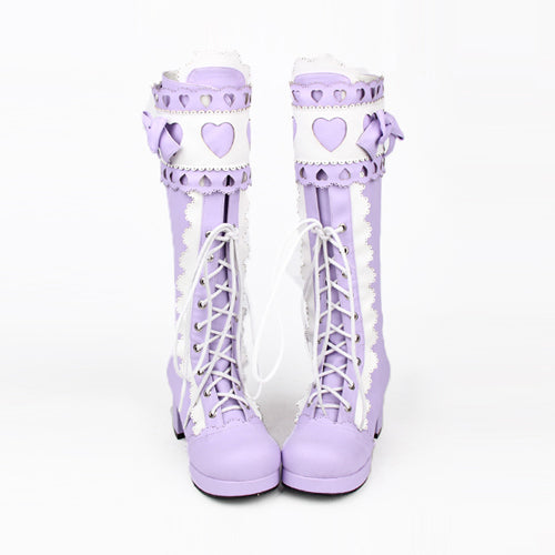 Lace Bowknot Heart Shaped Round Toe Sweet Lolita High Boots - Product - 5