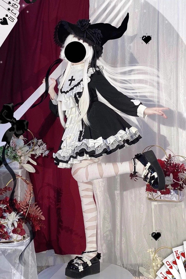White/Black Long Sleeves Multi-layer Cross Print Nun Style Ruffle Gothic Lolita Dress - Product - 8