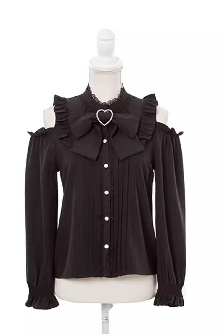 Off Shoulder Long Sleeves Bowknot Jirai Kei Japanese Lolita Blouse 3 Colors - Black - 3