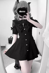 Black [Night Glaze] Long Short Sleeves Ruffled Bow Gothic Plus Size Jirai Kei Dress and Shorts Set - Black(Short Sleeves) - 4