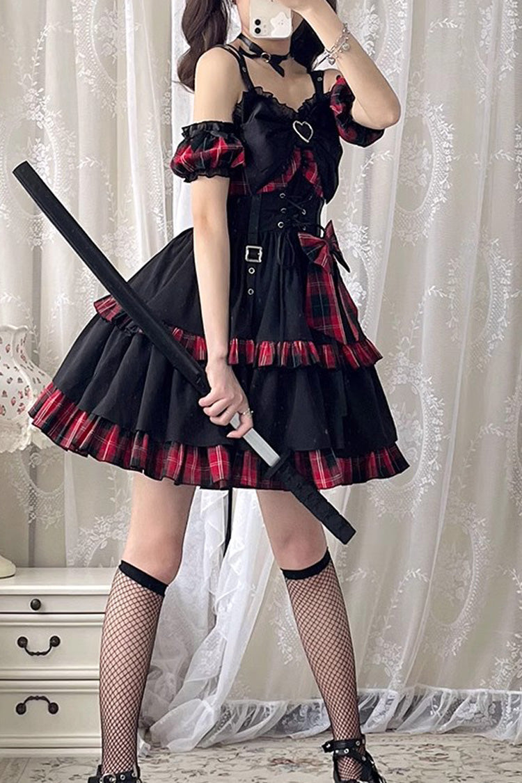 Black/Red Plaid Print Color Contrast Leather Buckle Bowknot Ruffle Gothic Lolita JSK Dress - Product - 2