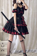 Black/Red Plaid Print Color Contrast Leather Buckle Bowknot Ruffle Gothic Lolita JSK Dress - Product - 2