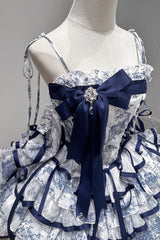 Blue/White Sleeveless Multi-Layered Print Bowknot Fishbone Sweet Classic Chinese Style Lolita Jsk Short Dress - Product - 8