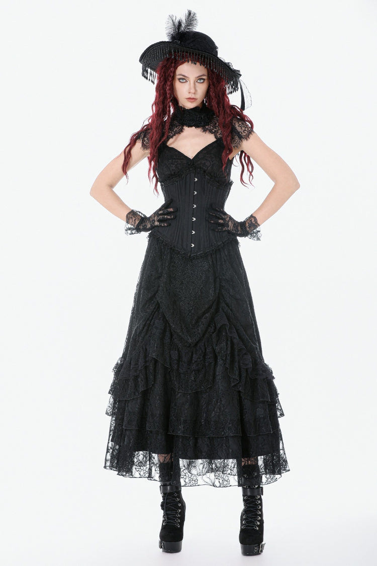 Black Sleeveless Lace Irregular Lace-Up Women's Gothic Underbust Corset - Product - 8