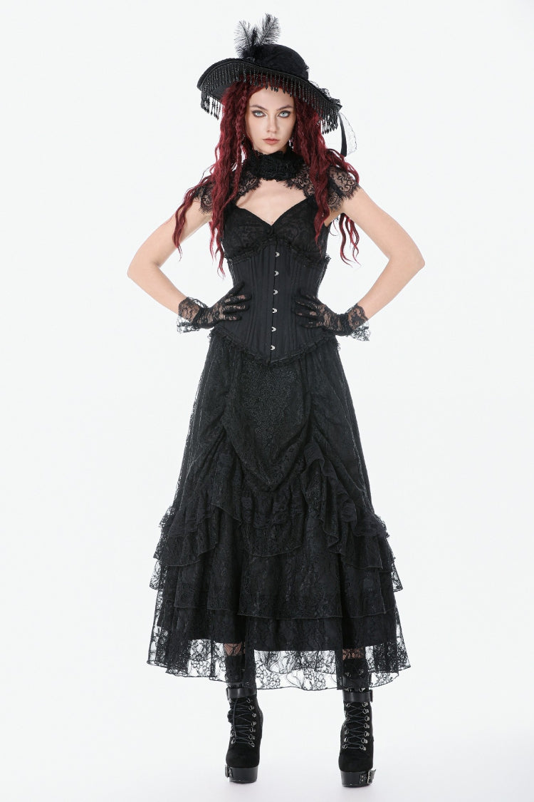 Black Sleeveless Lace Irregular Lace-Up Women's Gothic Underbust Corset - Product - 8