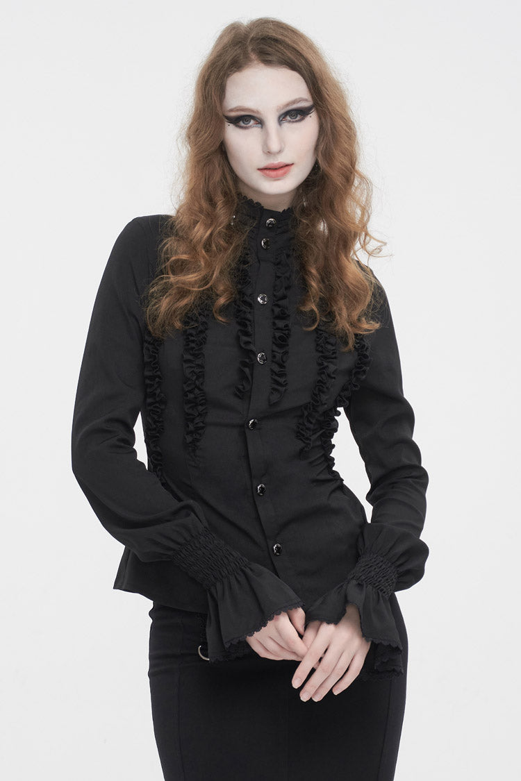 Black Stand Collar Ruffled Long Sleeves Women's Gothic Shirt - Product - 2