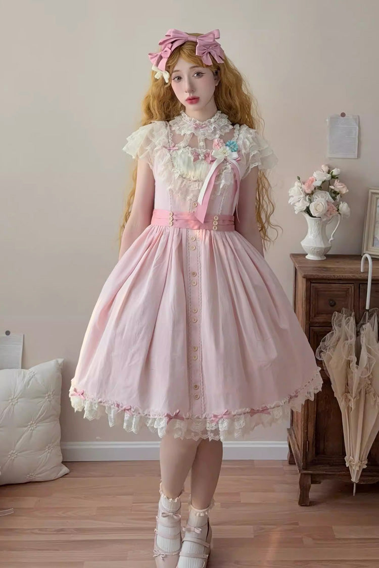 Pink [Sakura’s Spring Resonance] Sleeveless Ruffled Bow Sweet Lolita Jsk Dress (Short Version) - Product - 4
