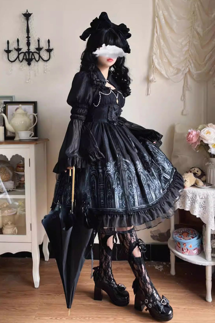 Black Sleeveless Church of Silent Night Print Ruffle Gothic Lolita Jsk Dress - Product - 5