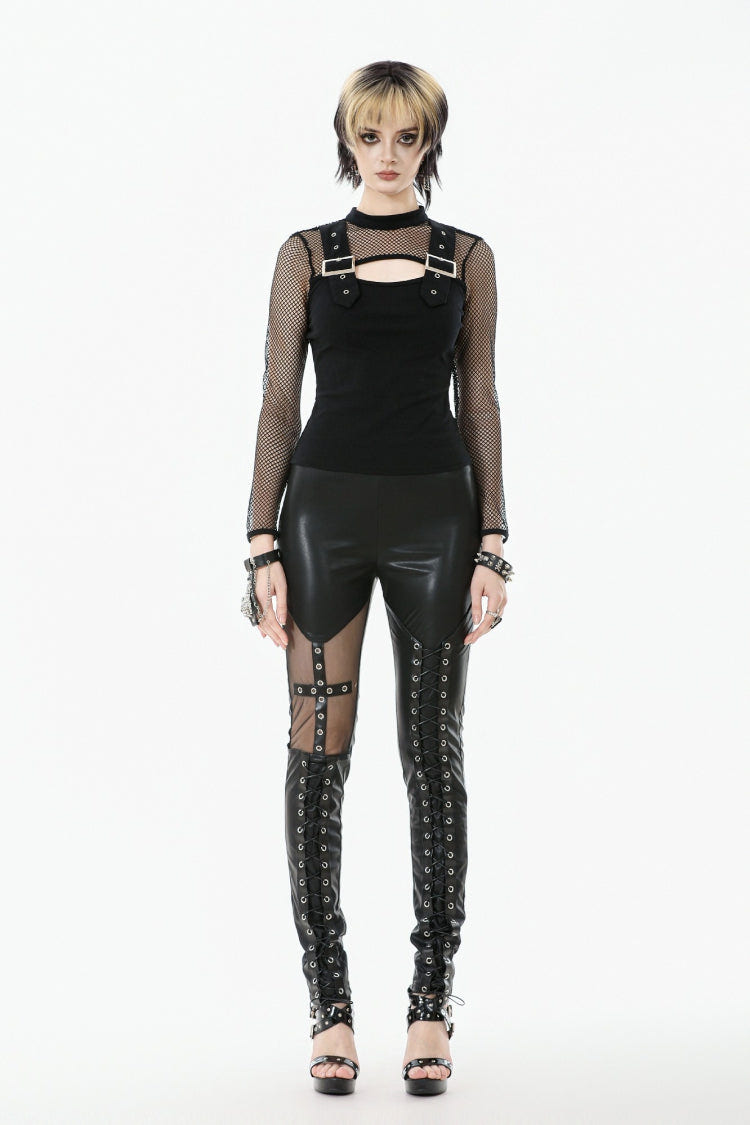 Black Cross Lace-Up PU Sheer Mesh Women's Gothic Punk Pants - Product - 5