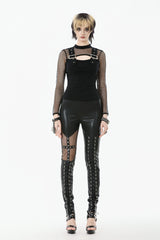 Black Cross Lace-Up PU Sheer Mesh Women's Gothic Punk Pants - Product - 5