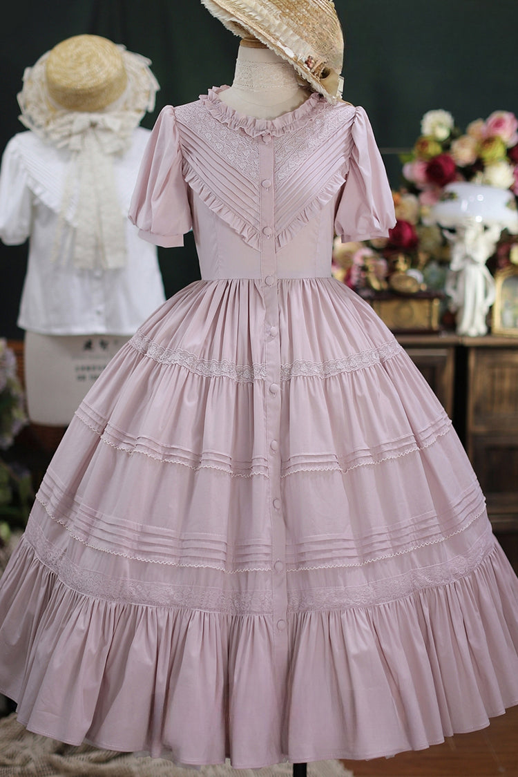 Elegant Cardigan Round Neck Short Sleeves Ruffle One Piece Sweet Lolita Dress 8 Colors - Pink - 1