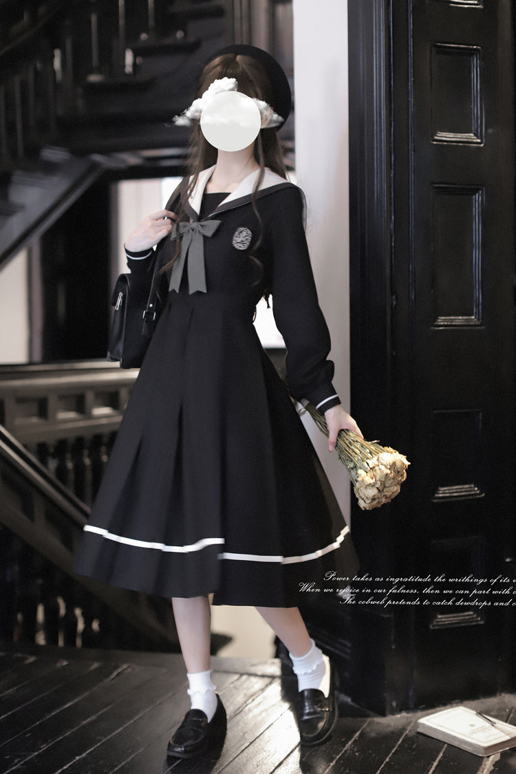 Black Navy Collar Long Sleeves Bowknot Sweet Japanese College Style Elegant (Dress Only) detail view 2