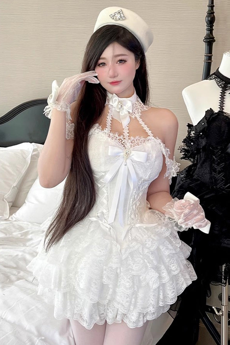 White Multi-layer Ruffle Hanayome Bowknot Lace Sweet Mini Lolita Skirt Dress - White - 1
