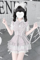 [Heart Key Treasure Box] Lapel Collar Short Sleeves Printed Ruffled Bow Lace-Up Japanese Jirai Kei Dress Shorts Set 3 Colors - Product - 8