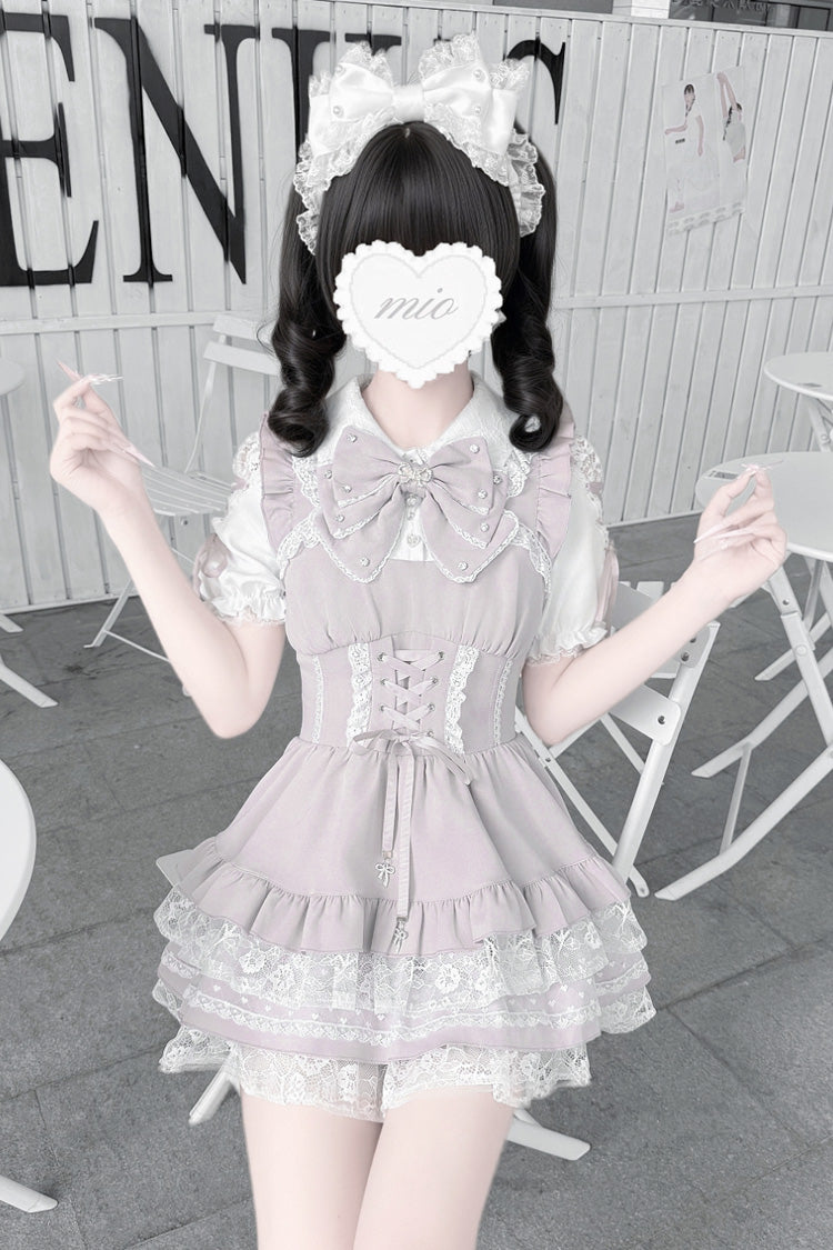[Heart Key Treasure Box] Lapel Collar Short Sleeves Printed Ruffled Bow Lace-Up Japanese Jirai Kei Dress Shorts Set 3 Colors - Product - 8