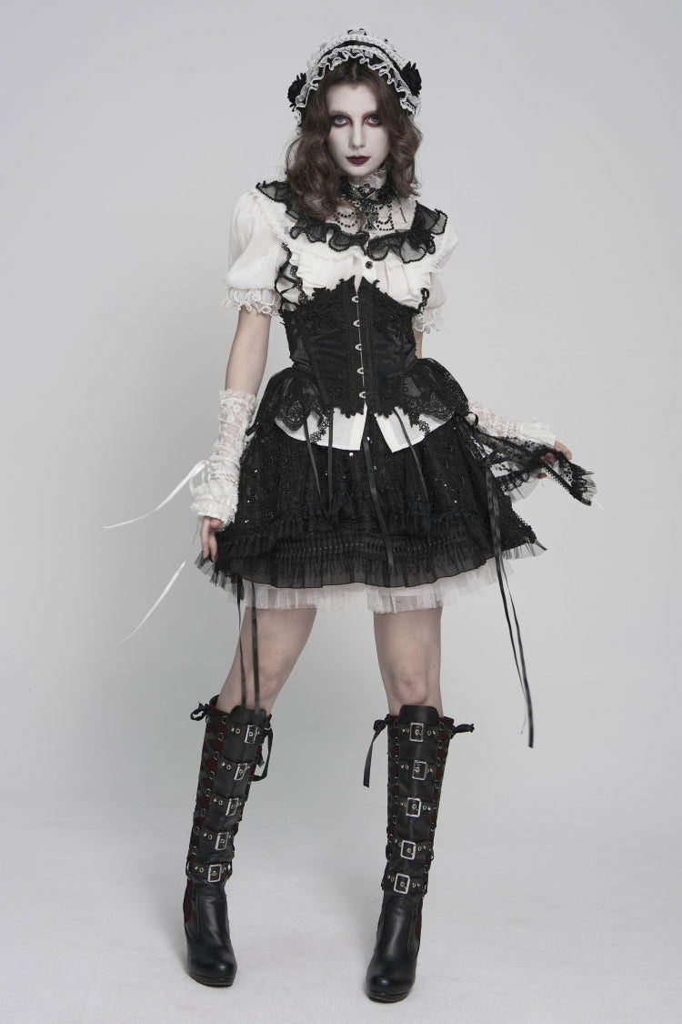 Black/White Stand Collar Short Sleeves Embroidered Lace Lace-Up Slim Pleated Women's Gothic Palace Blouse - Black/White - 1